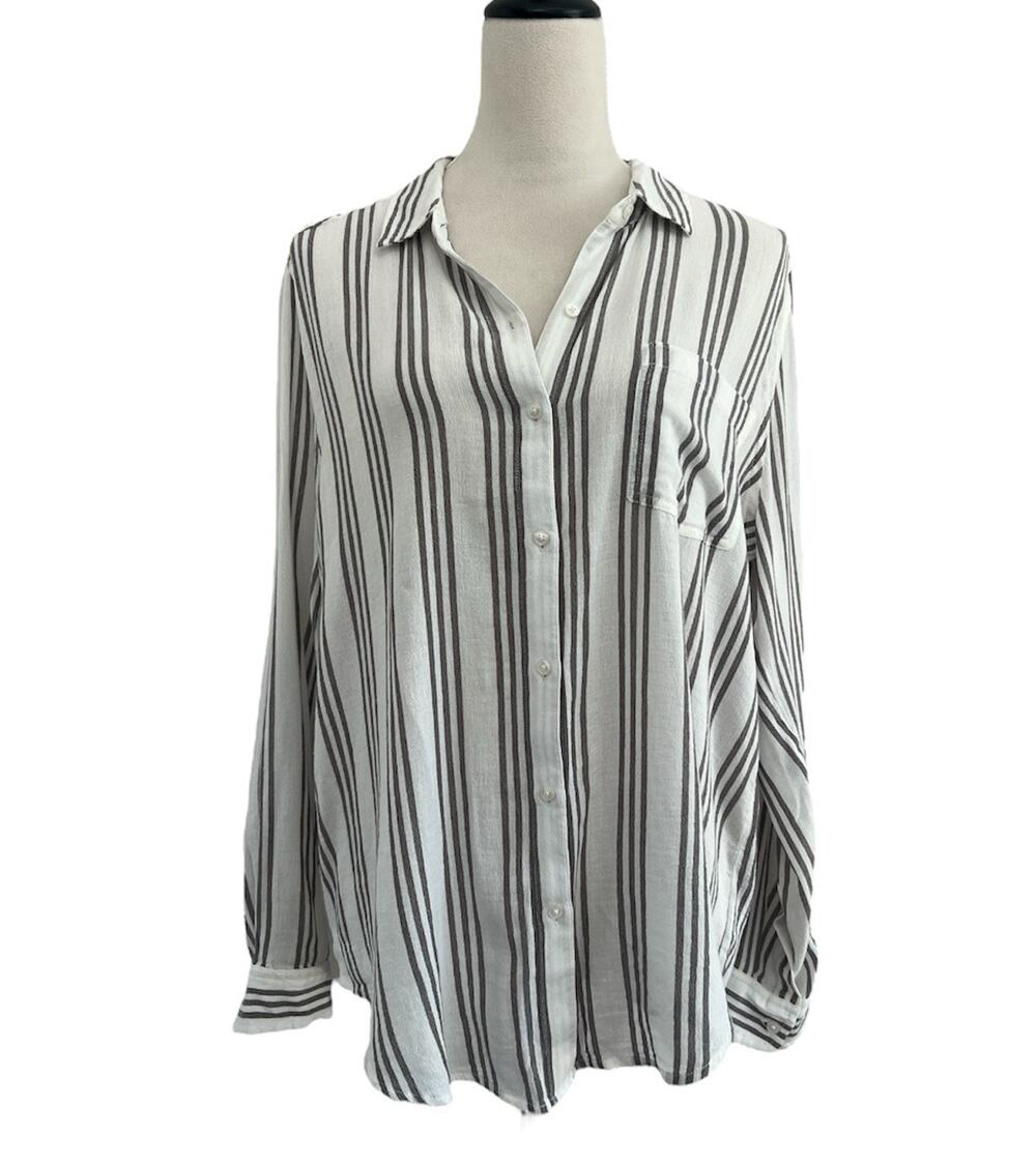 Lucky Brand Button Up Shirt NWT Womens Lg White Gray Stripes Cotton Blend Casual